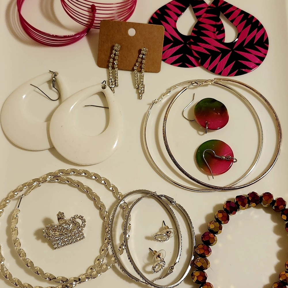 Pink, White And Silver Vintage Hoops/Jewelry Lot (Some 1970's-2000's)